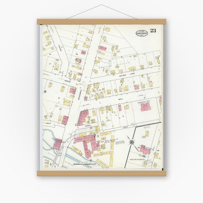 Old map wall art mockup — magnetic wood frame on white wall — Sanborn Fire Insurance Map from Ann Arbor, Washtenaw County, Michigan (1916), Sheet #0023