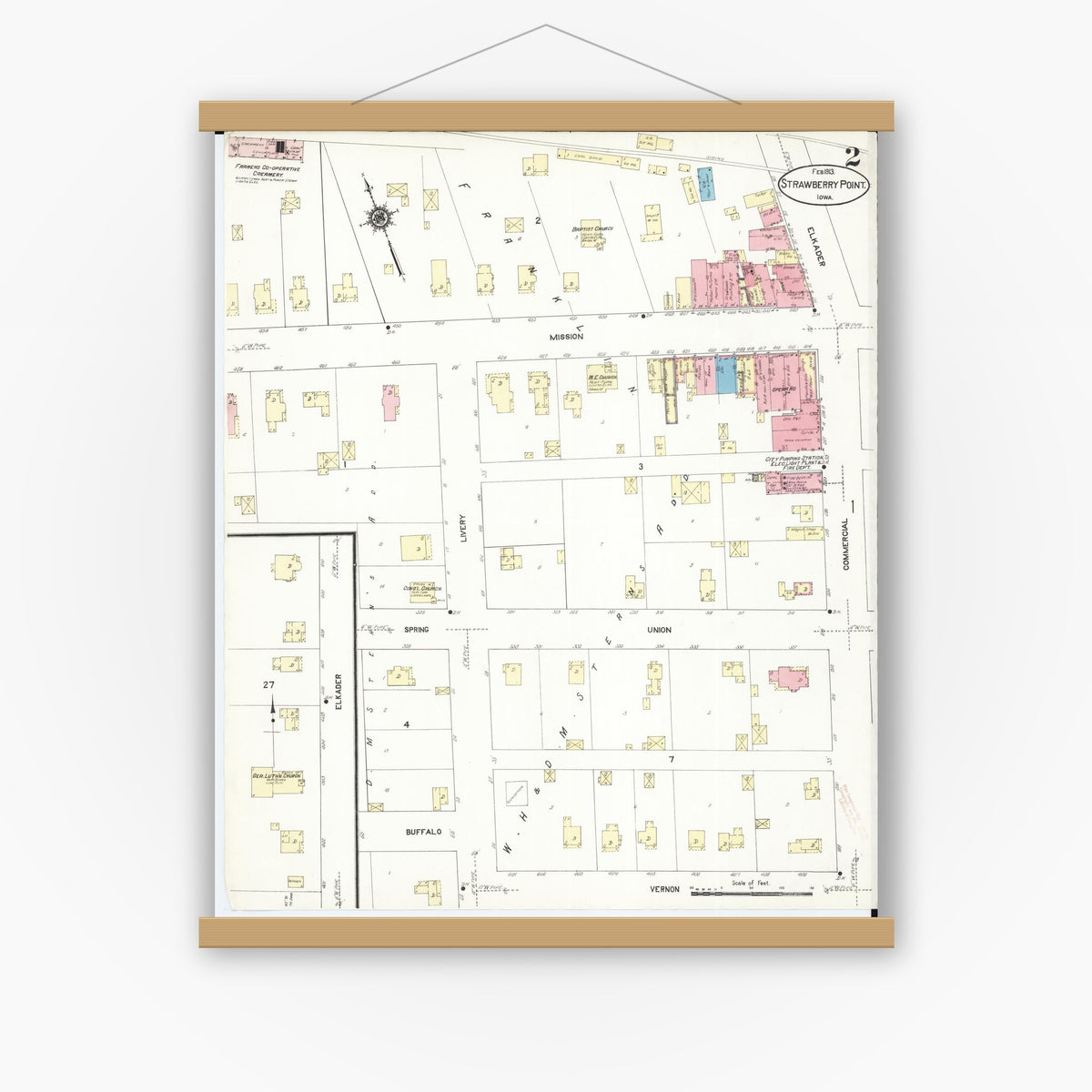 Old map wall art mockup — magnetic wood frame on white wall — Sanborn Fire Insurance Map from Strawberry Point, Clayton County, Iowa (1913), Sheet #0002