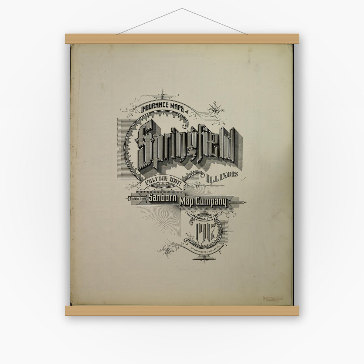 Old map wall art mockup — magnetic wood frame on white wall — Sanborn Fire Insurance Map from Springfield, Sangamon County, Illinois (1917), Sheet #0001