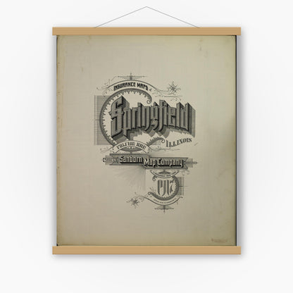 Old map wall art mockup — magnetic wood frame on white wall — Sanborn Fire Insurance Map from Springfield, Sangamon County, Illinois (1917), Sheet #0001