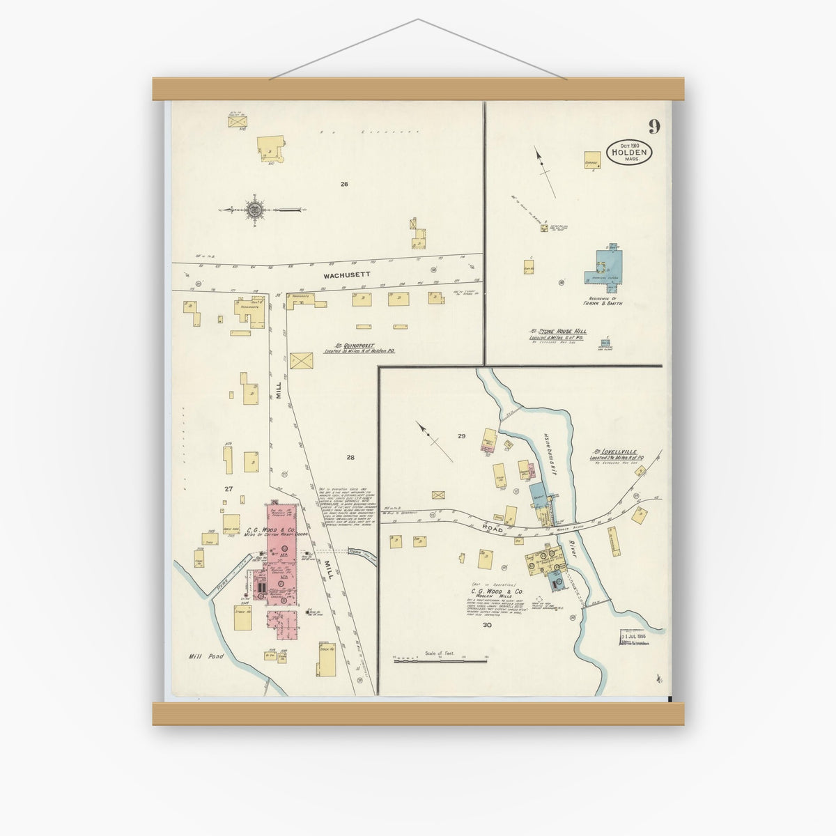 Old map wall art mockup — magnetic wood frame on white wall — Sanborn Fire Insurance Map from Holden, Worcester County, Massachusetts (1910), Sheet #0009
