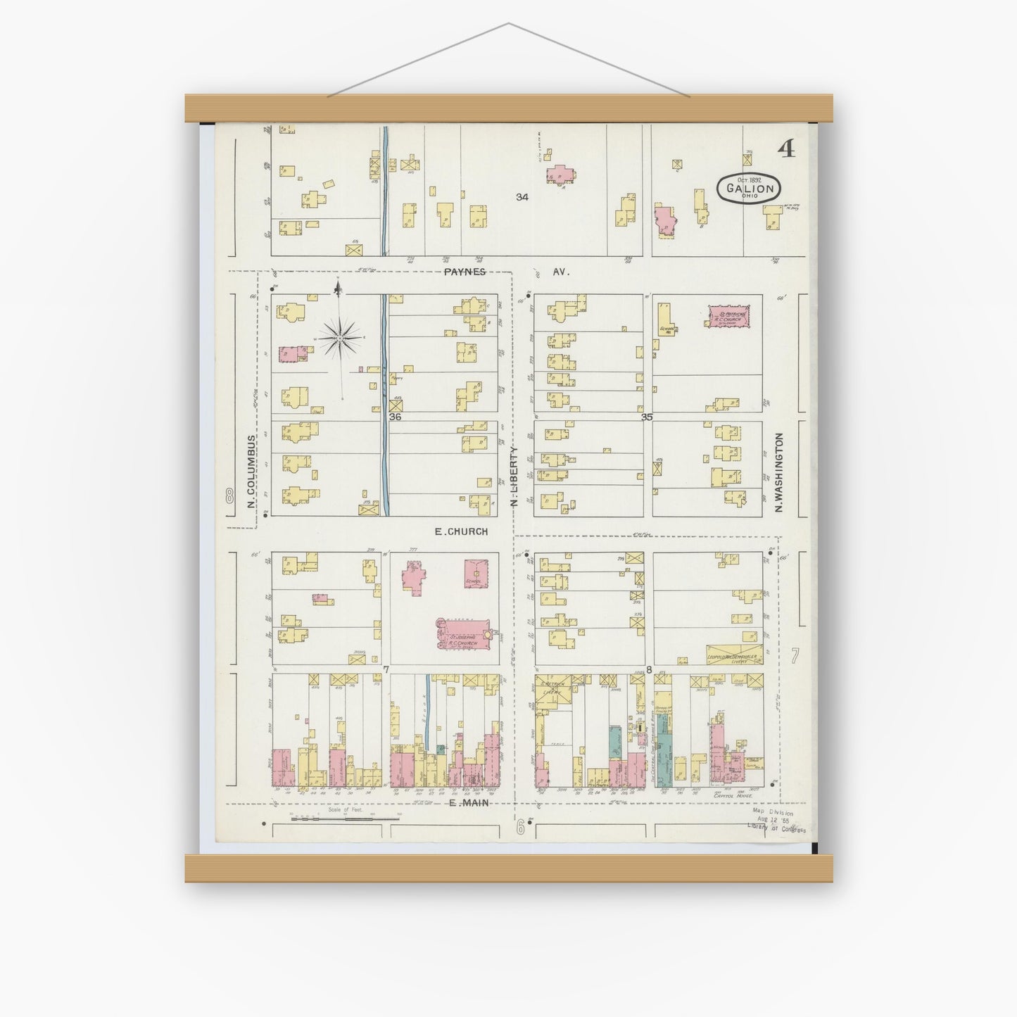 Old map wall art mockup — magnetic wood frame on white wall — Sanborn Fire Insurance Map from Galion, Crawford County, Ohio (1892), Sheet #0004