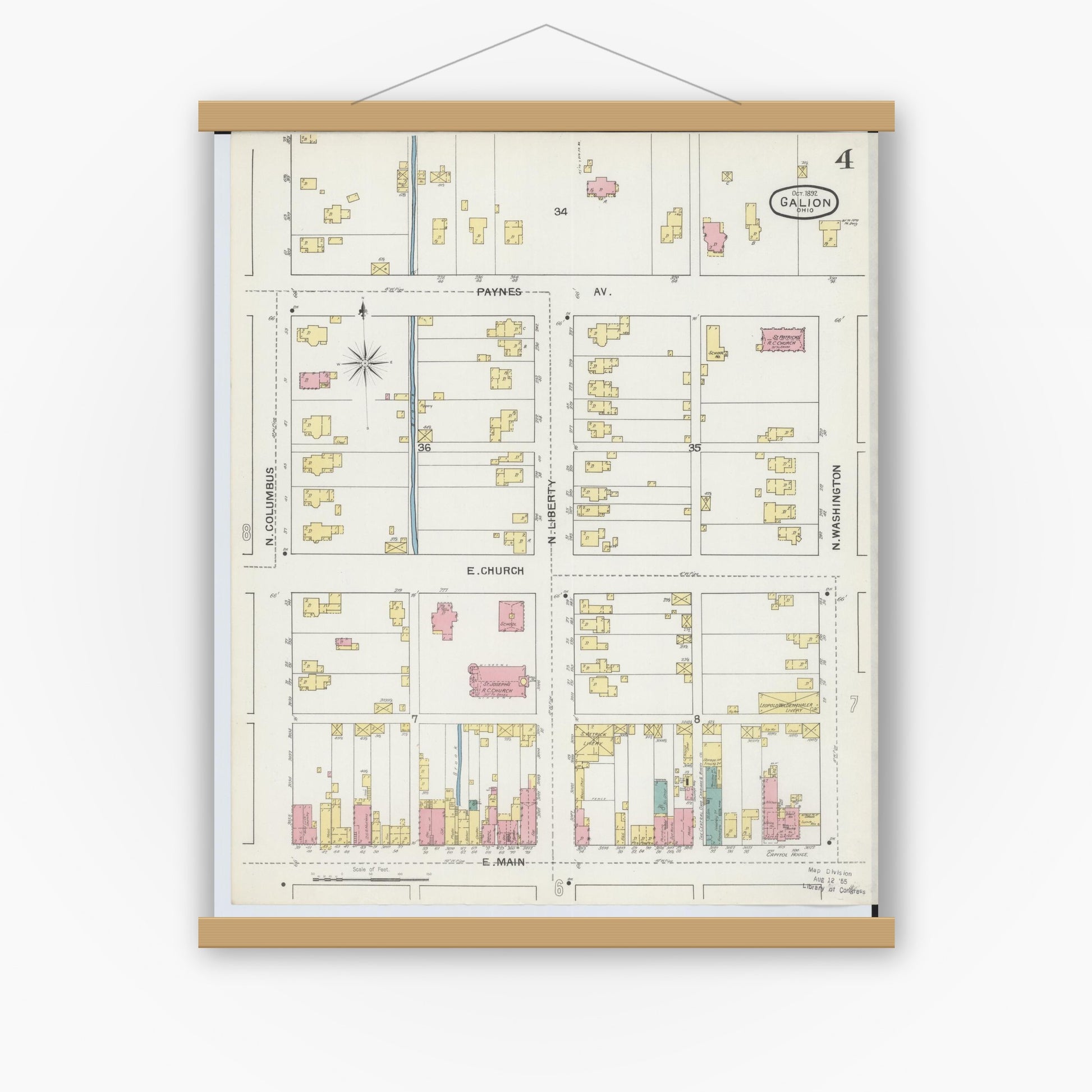 Old map wall art mockup — magnetic wood frame on white wall — Sanborn Fire Insurance Map from Galion, Crawford County, Ohio (1892), Sheet #0004
