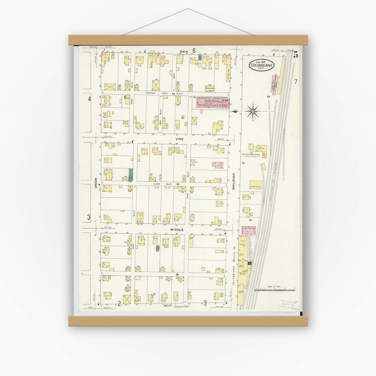 Old map wall art mockup — magnetic wood frame on white wall — Sanborn Fire Insurance Map from Columbiana, Columbiana County, Ohio (1909), Sheet #0005