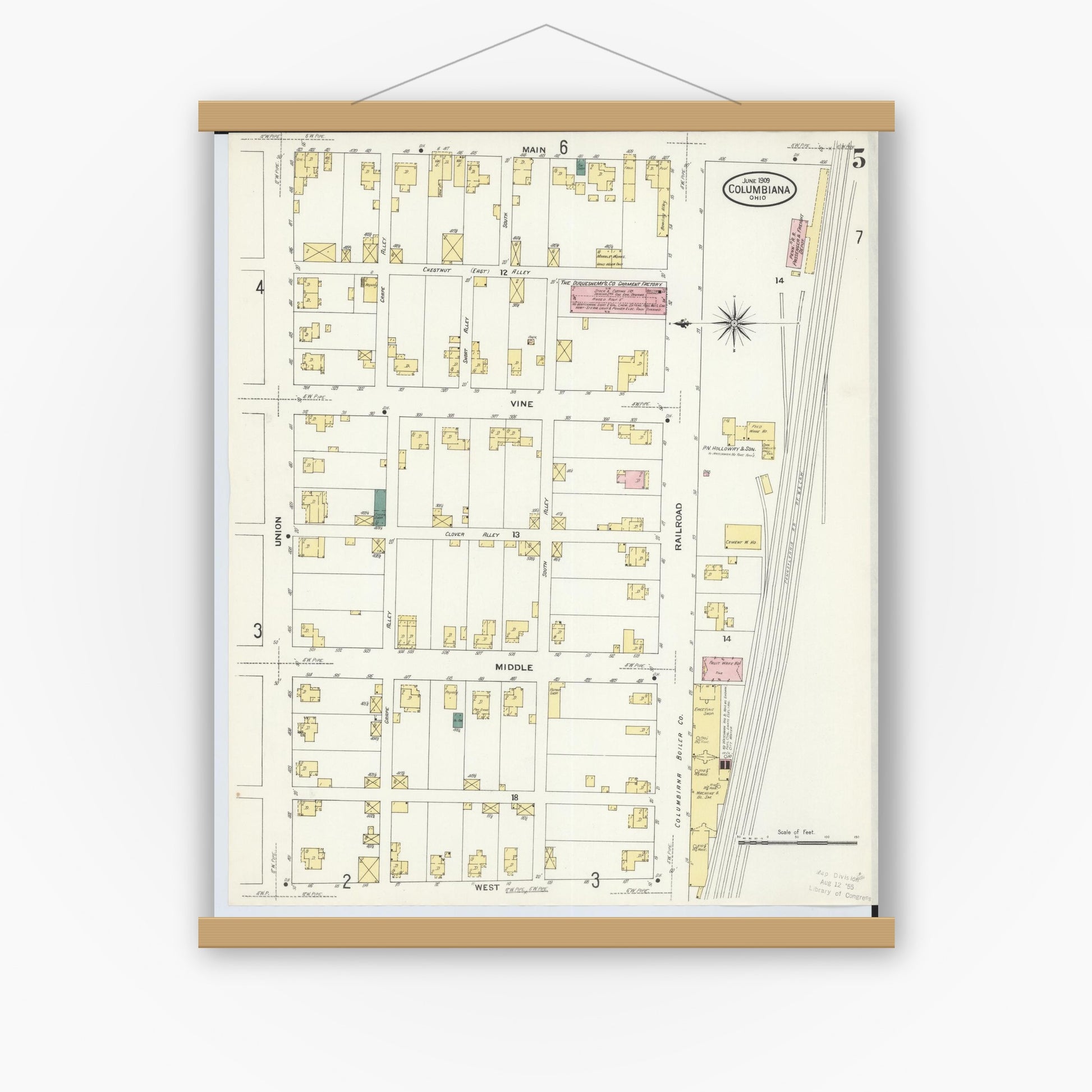 Old map wall art mockup — magnetic wood frame on white wall — Sanborn Fire Insurance Map from Columbiana, Columbiana County, Ohio (1909), Sheet #0005