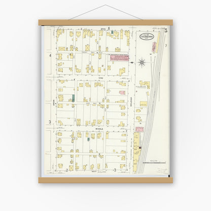 Old map wall art mockup — magnetic wood frame on white wall — Sanborn Fire Insurance Map from Columbiana, Columbiana County, Ohio (1909), Sheet #0005