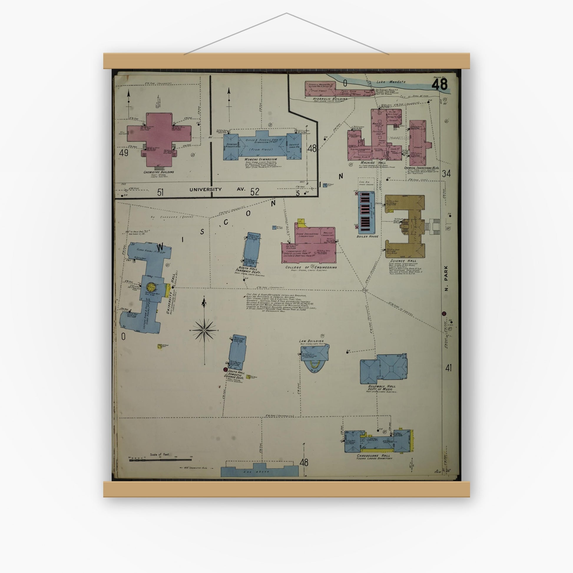 Old map wall art mockup — magnetic wood frame on white wall — Sanborn Fire Insurance Map from Madison, Dane County, Wisconsin (1908), Sheet #0048