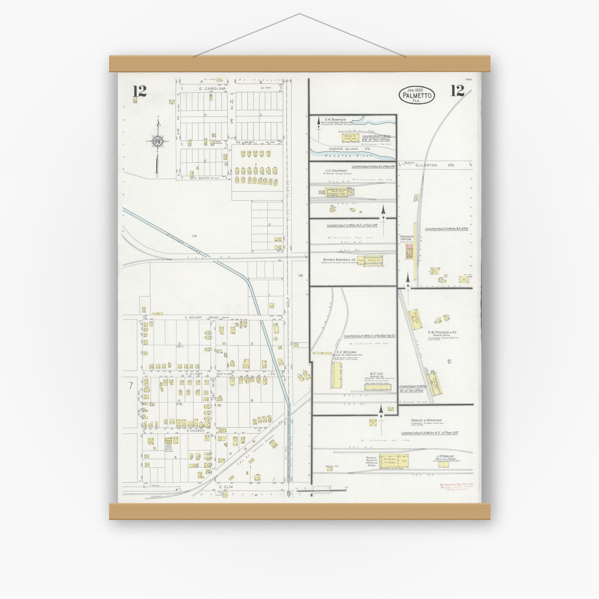 Old map wall art mockup — magnetic wood frame on white wall — Sanborn Fire Insurance Map from Palmetto, Manatee County, Florida (1930), Sheet #0012