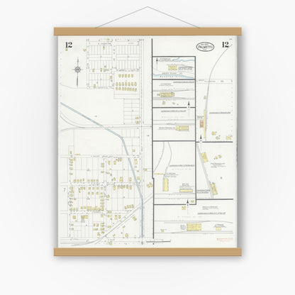Old map wall art mockup — magnetic wood frame on white wall — Sanborn Fire Insurance Map from Palmetto, Manatee County, Florida (1930), Sheet #0012
