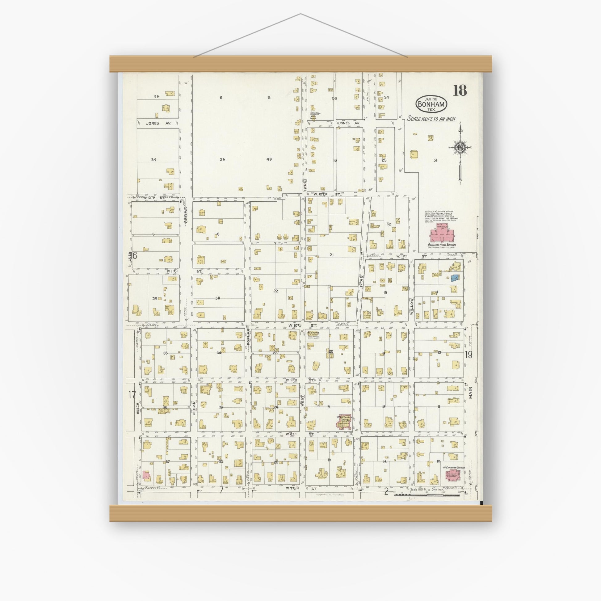 Old map wall art mockup — magnetic wood frame on white wall — Sanborn Fire Insurance Map from Bonham, Fannin County, Texas (1917), Sheet #0018