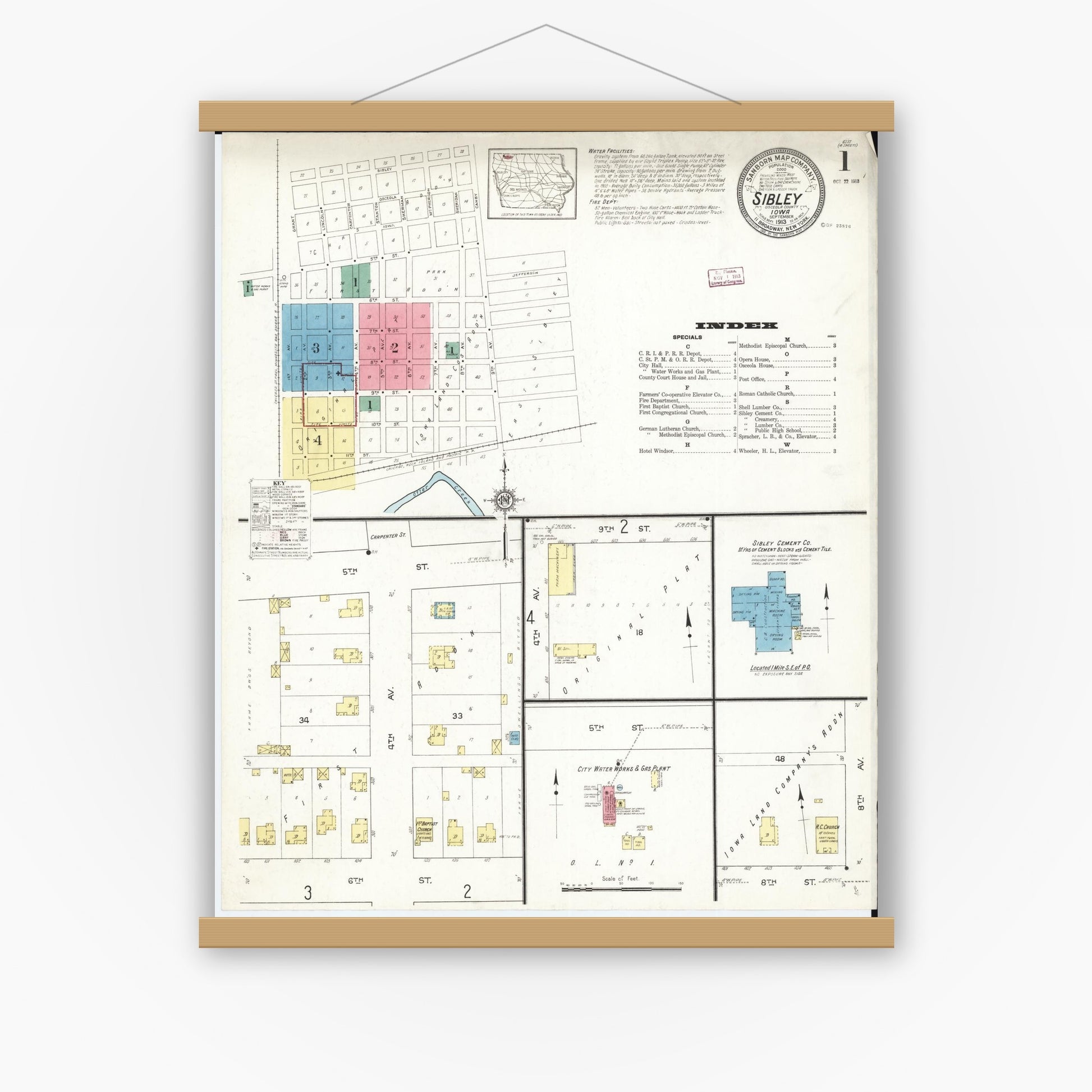 Old map wall art mockup — magnetic wood frame on white wall — Sanborn Fire Insurance Map from Sibley, Osceola County, Iowa (1913), Sheet #0001