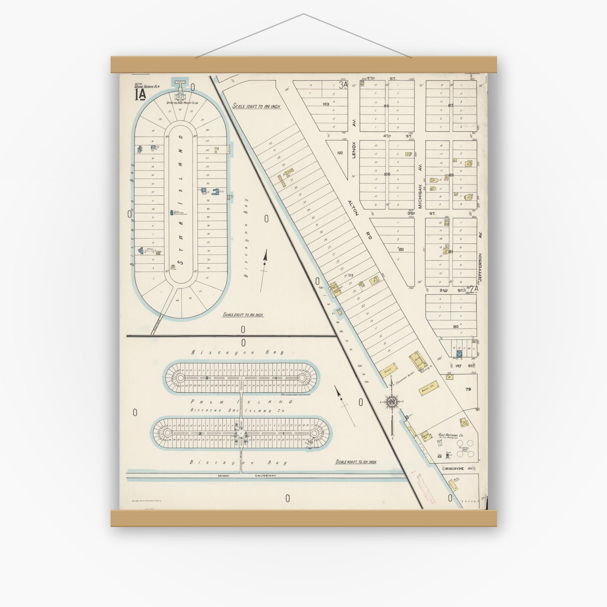 Old map wall art mockup — magnetic wood frame on white wall — Sanborn Fire Insurance Map from Miami Beach, Dade County, Florida (1921) - Complete Map Set