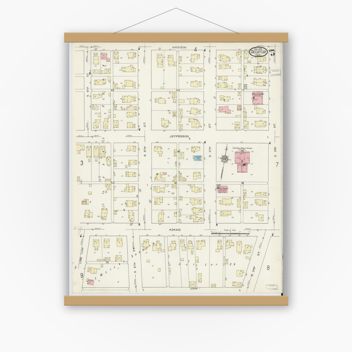 Old map wall art mockup — magnetic wood frame on white wall — Sanborn Fire Insurance Map from Decatur, Adams County, Indiana (1914), Sheet #0005