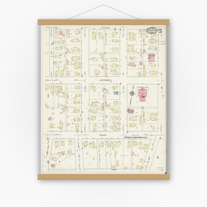 Old map wall art mockup — magnetic wood frame on white wall — Sanborn Fire Insurance Map from Decatur, Adams County, Indiana (1914), Sheet #0005