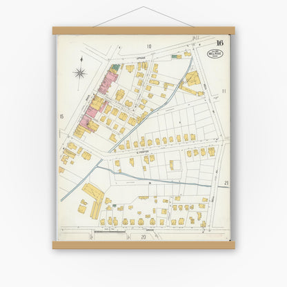 Old map wall art mockup — magnetic wood frame on white wall — Sanborn Fire Insurance Map from Melrose, Middlesex County, Massachusetts (1903), Sheet #0016