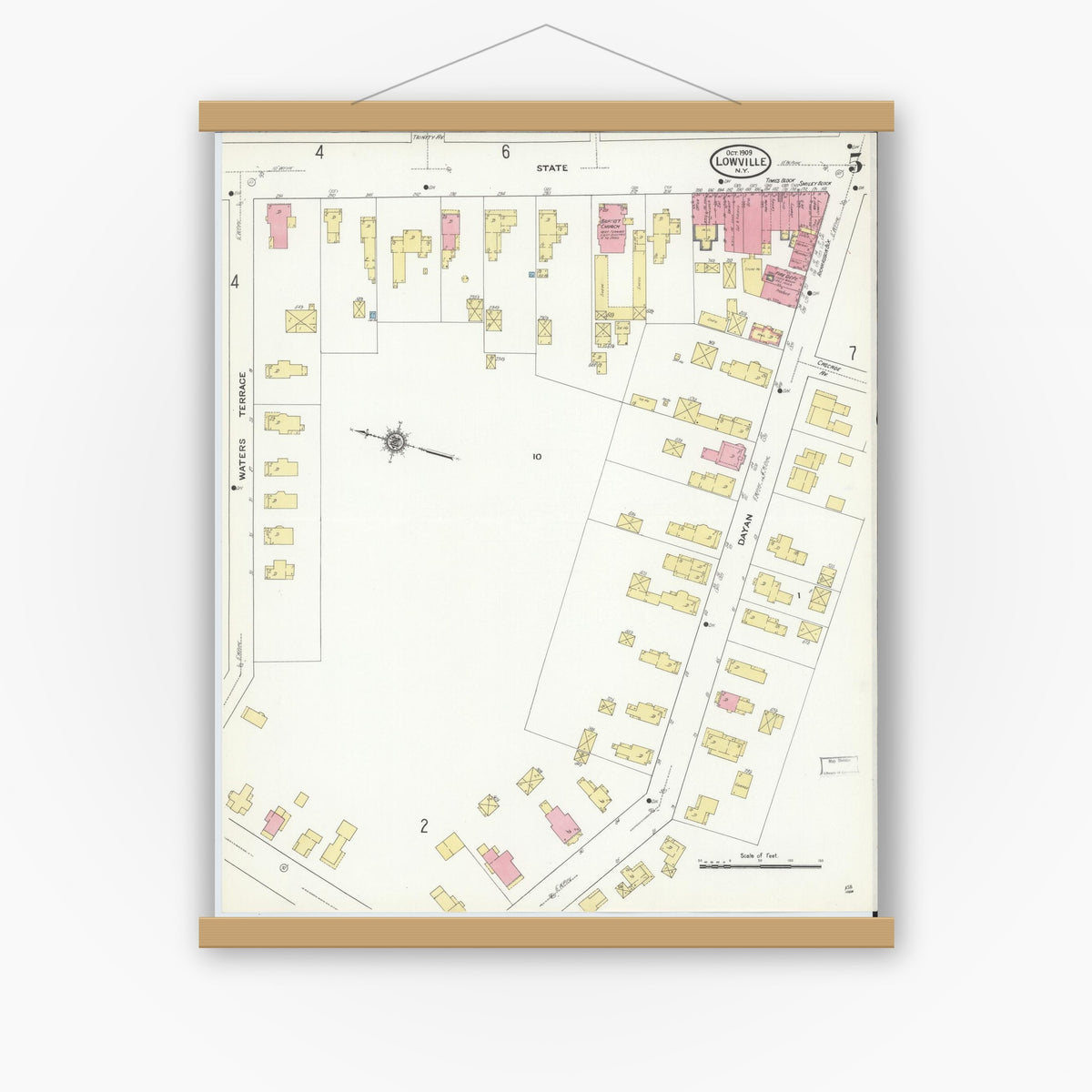 Old map wall art mockup — magnetic wood frame on white wall — Sanborn Fire Insurance Map from Lowville, Lewis County, New York (1909), Sheet #0005