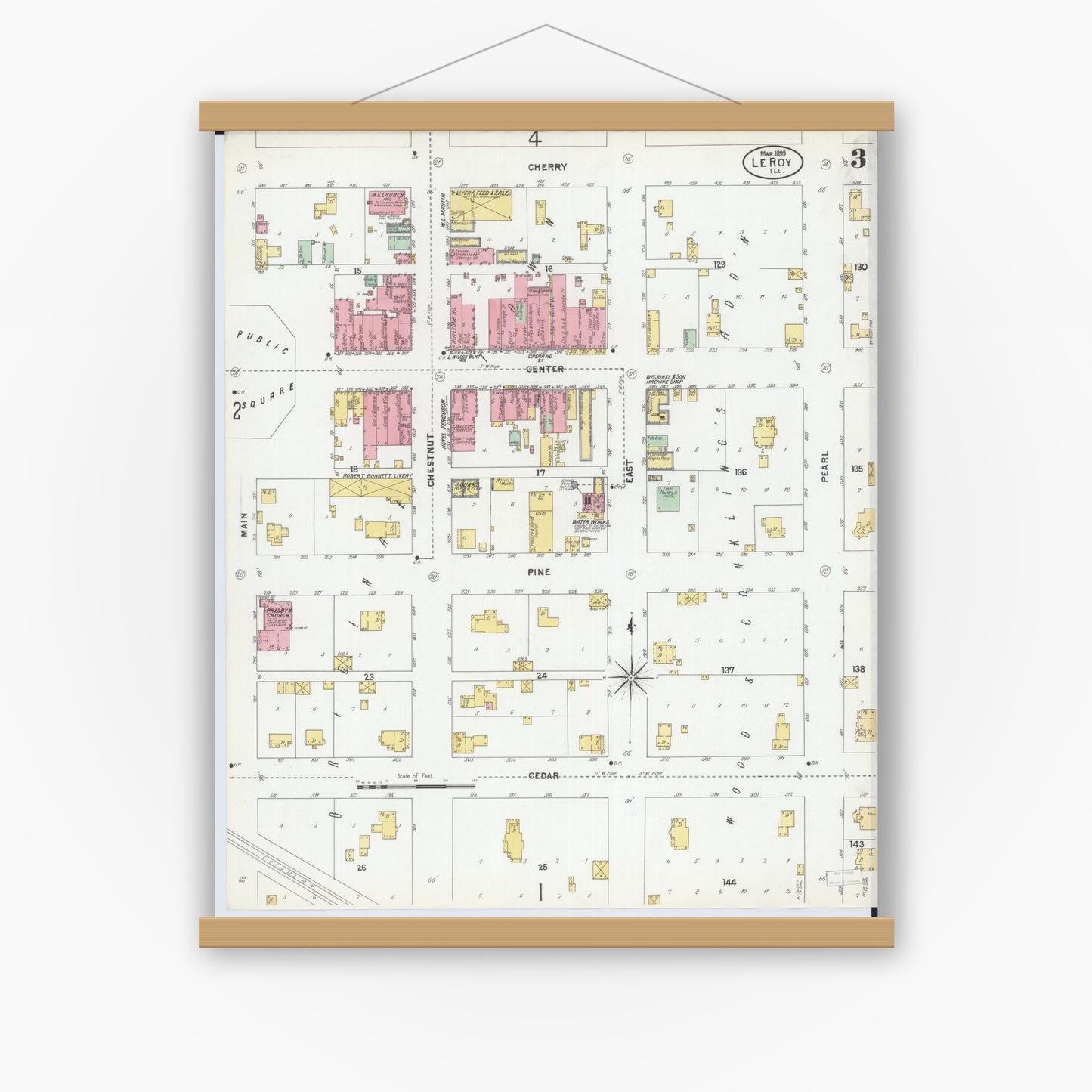 Old map wall art mockup — magnetic wood frame on white wall — Sanborn Fire Insurance Map from Leroy, McLean County, Illinois (1899), Sheet #0003