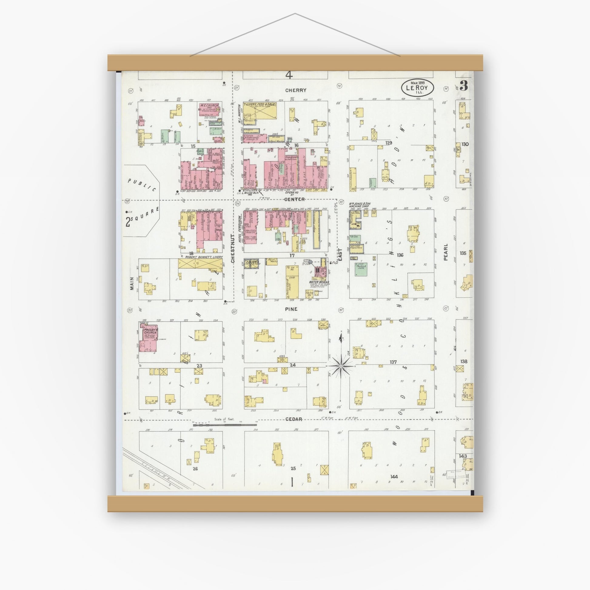 Old map wall art mockup — magnetic wood frame on white wall — Sanborn Fire Insurance Map from Leroy, McLean County, Illinois (1899), Sheet #0003