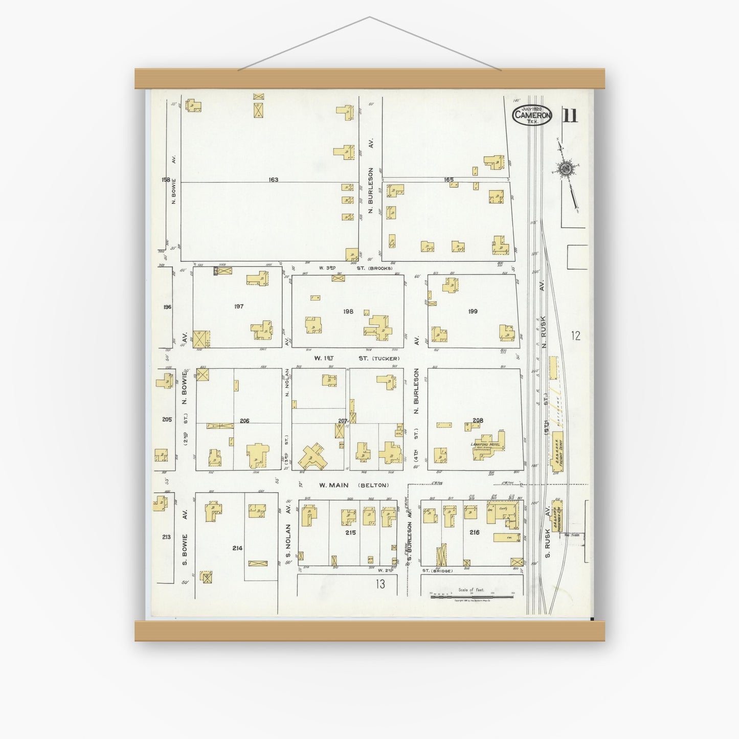 Old map wall art mockup — magnetic wood frame on white wall — Sanborn Fire Insurance Map from Cameron, Milam County, Texas (1920), Sheet #0011