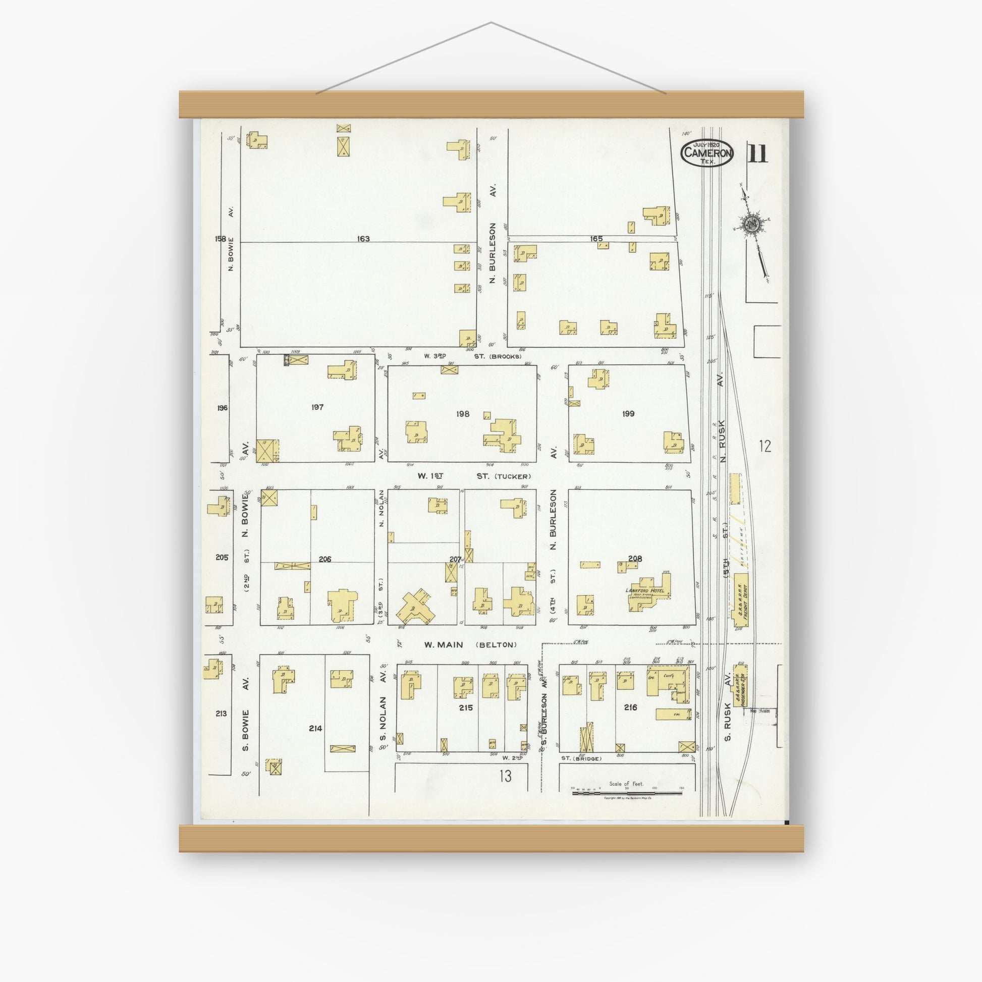 Old map wall art mockup — magnetic wood frame on white wall — Sanborn Fire Insurance Map from Cameron, Milam County, Texas (1920), Sheet #0011