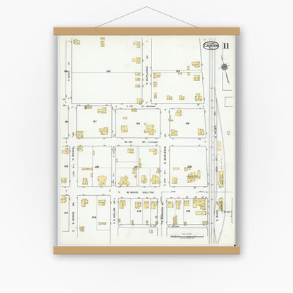 Old map wall art mockup — magnetic wood frame on white wall — Sanborn Fire Insurance Map from Cameron, Milam County, Texas (1920), Sheet #0011