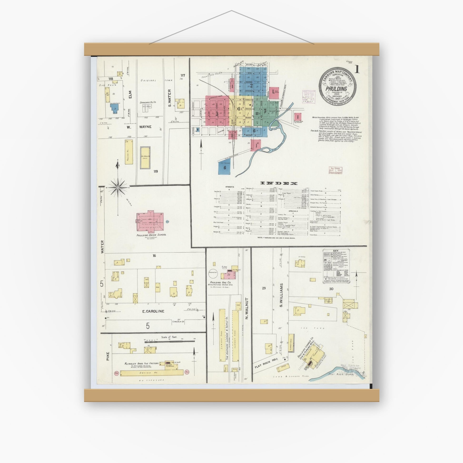 Old map wall art mockup — magnetic wood frame on white wall — Sanborn Fire Insurance Map from Paulding, Paulding County, Ohio (1907) - Complete Map Set