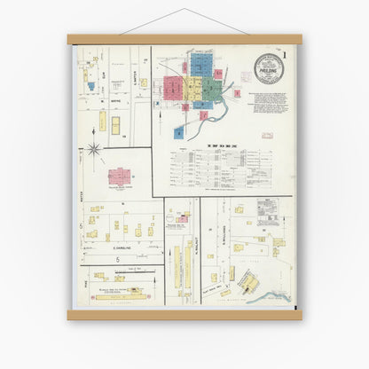 Old map wall art mockup — magnetic wood frame on white wall — Sanborn Fire Insurance Map from Paulding, Paulding County, Ohio (1907) - Complete Map Set