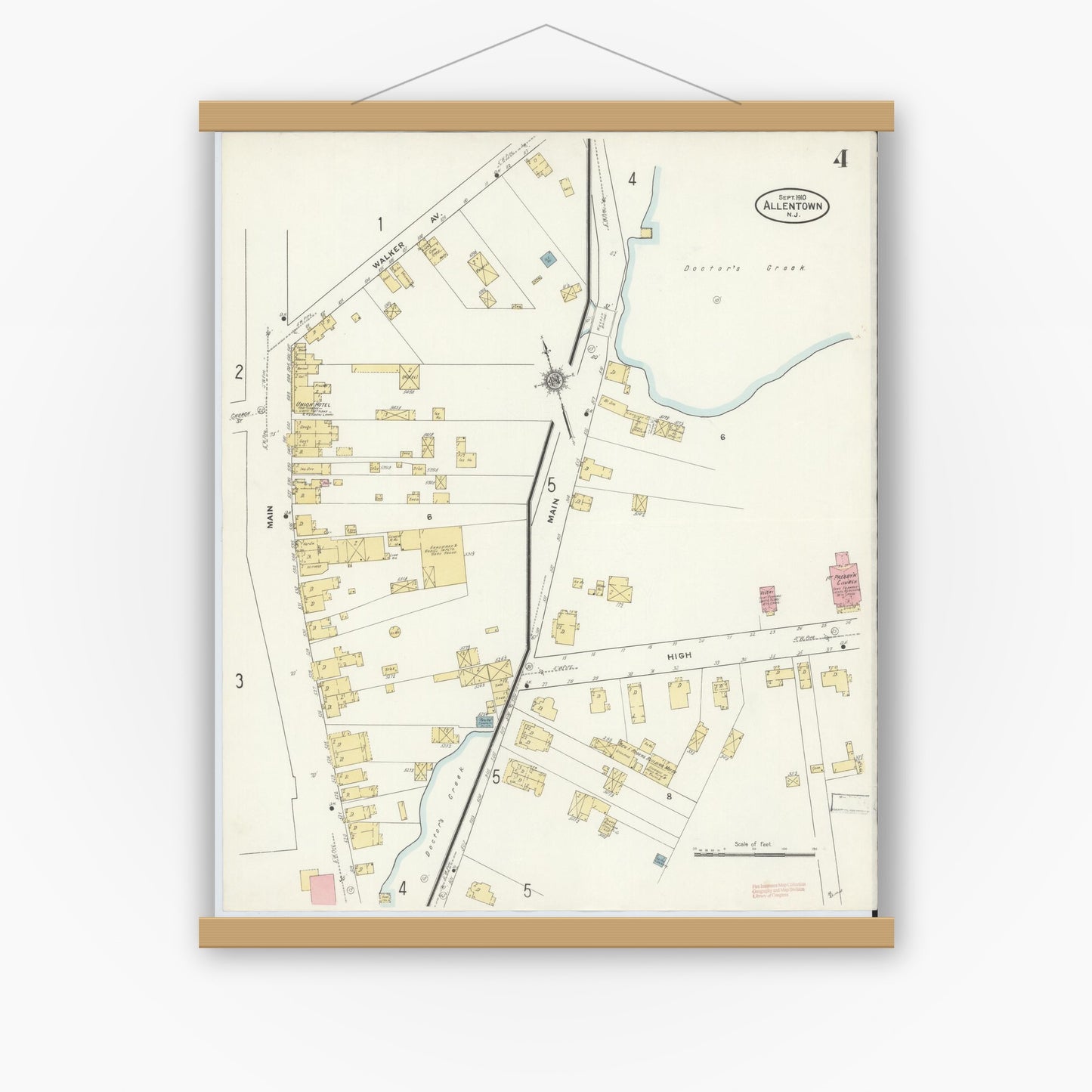 Old map wall art mockup — magnetic wood frame on white wall — Sanborn Fire Insurance Map from Allentown, Monmouth County, New Jersey (1910), Sheet #0004