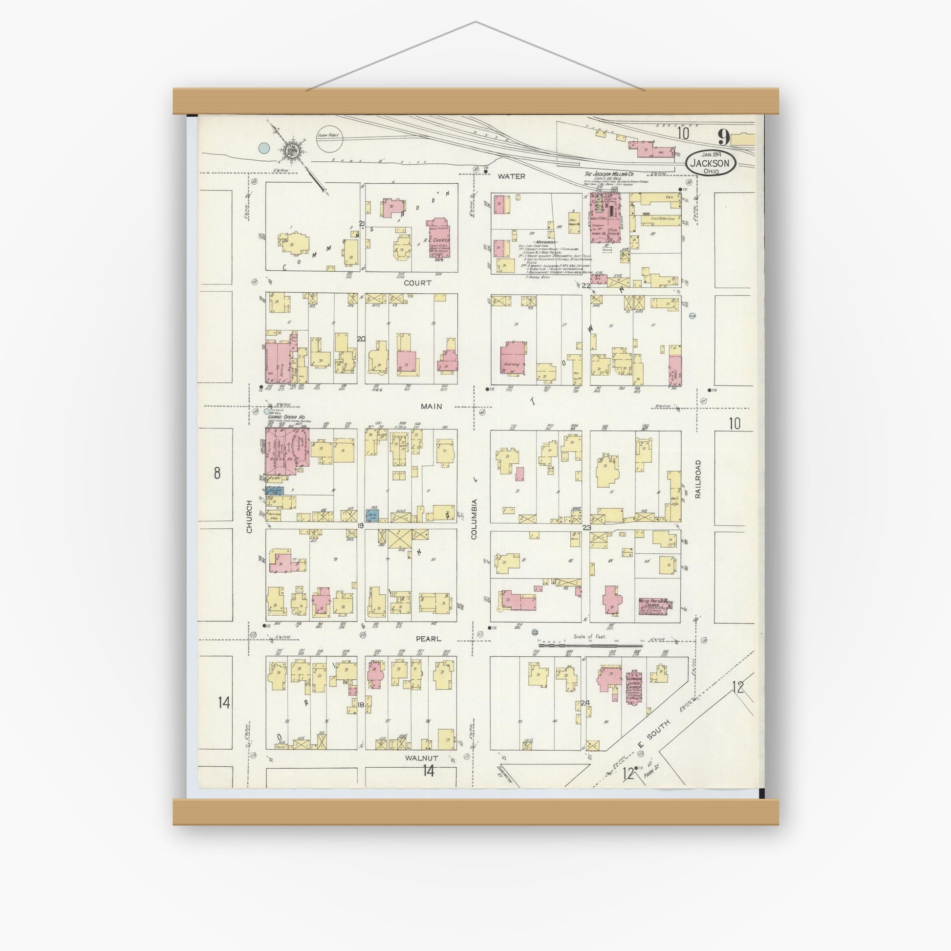 Old map wall art mockup — magnetic wood frame on white wall — Sanborn Fire Insurance Map from Jackson, Jackson County, Ohio (1914), Sheet #0009