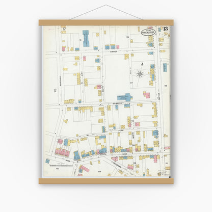 Old map wall art mockup — magnetic wood frame on white wall — Sanborn Fire Insurance Map from Phoenixville, Chester County, Pennsylvania (1900), Sheet #0013