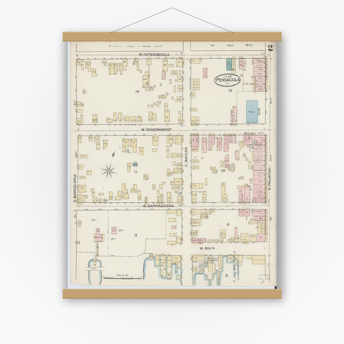 Old map wall art mockup — magnetic wood frame on white wall — Sanborn Fire Insurance Map from Pensacola, Escambia County, Florida (1887), Sheet #0002