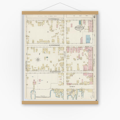 Old map wall art mockup — magnetic wood frame on white wall — Sanborn Fire Insurance Map from Pensacola, Escambia County, Florida (1887), Sheet #0002