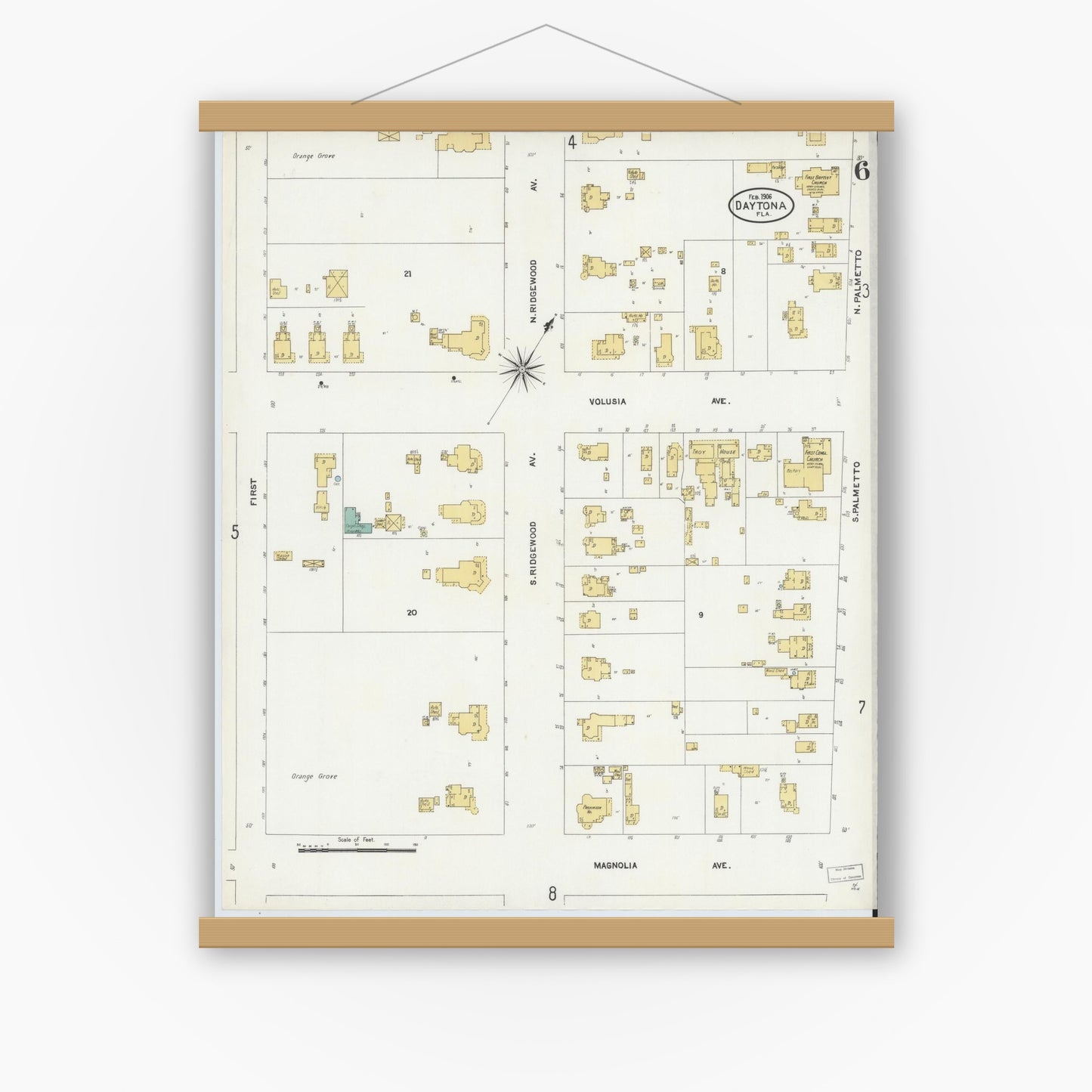 Old map wall art mockup — magnetic wood frame on white wall — Sanborn Fire Insurance Map from Daytona, Volusia County, Florida (1906), Sheet #0006