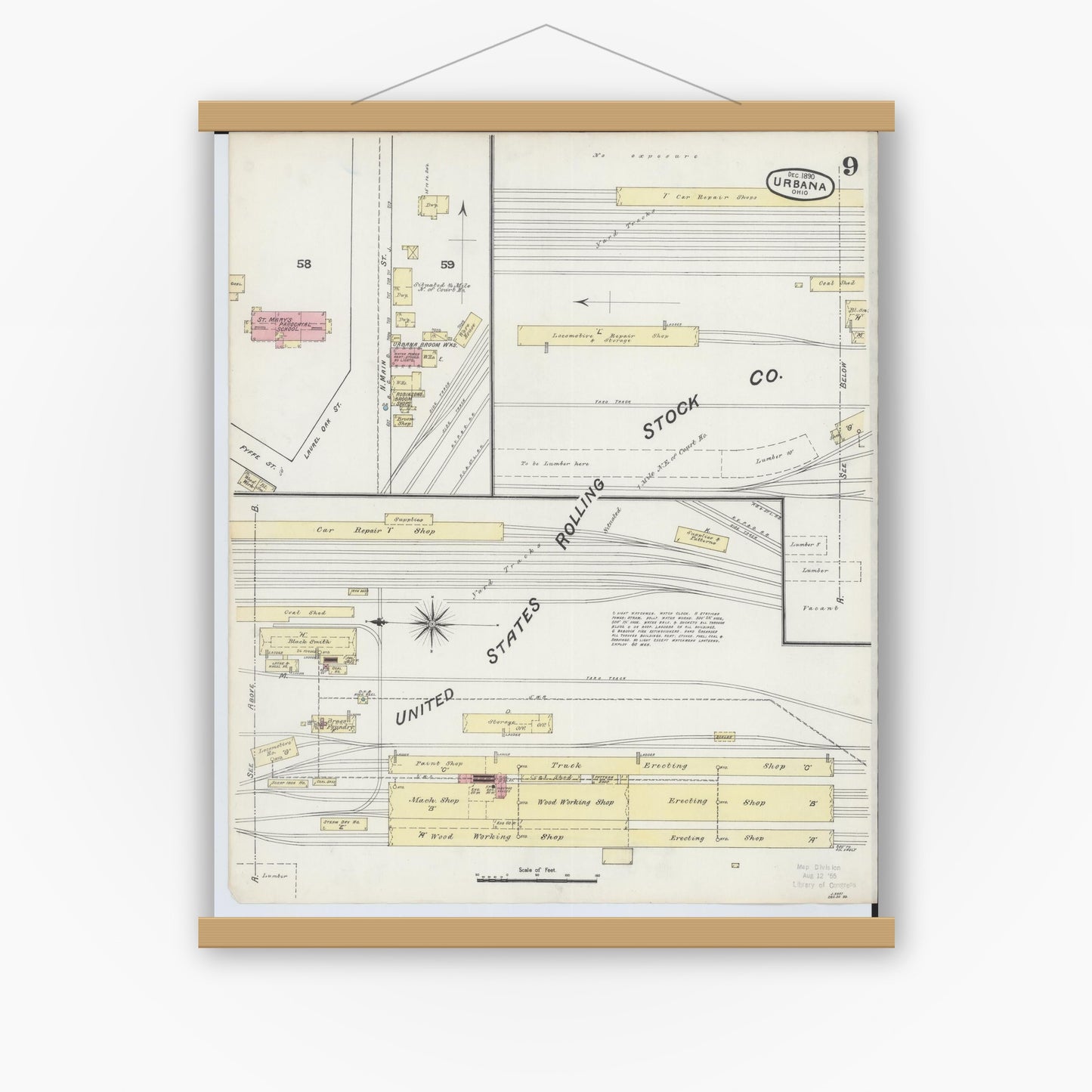 Old map wall art mockup — magnetic wood frame on white wall — Sanborn Fire Insurance Map from Urbana, Champaign County, Ohio (1890), Sheet #0009