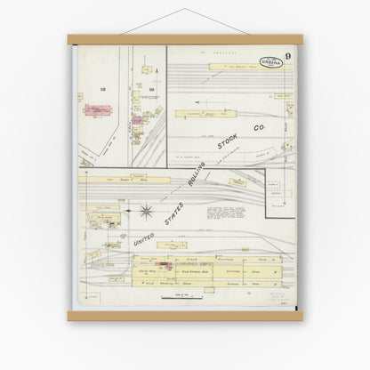 Old map wall art mockup — magnetic wood frame on white wall — Sanborn Fire Insurance Map from Urbana, Champaign County, Ohio (1890), Sheet #0009