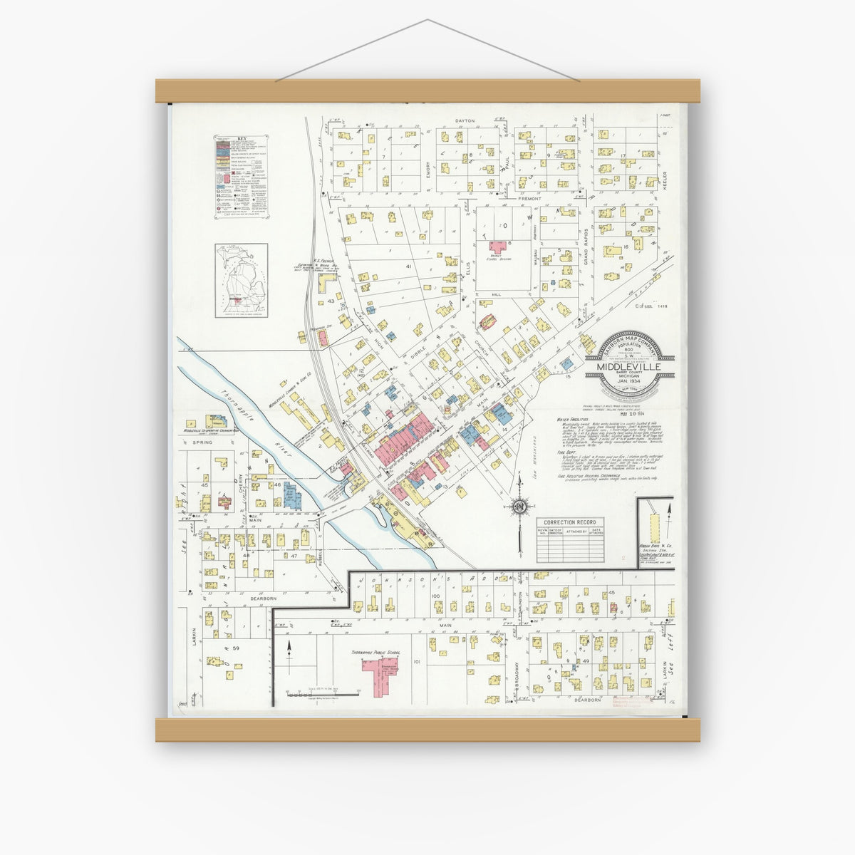 Old map wall art mockup — magnetic wood frame on white wall — Sanborn Fire Insurance Map from Middleville, Barry County, Michigan (1934), Sheet #0001