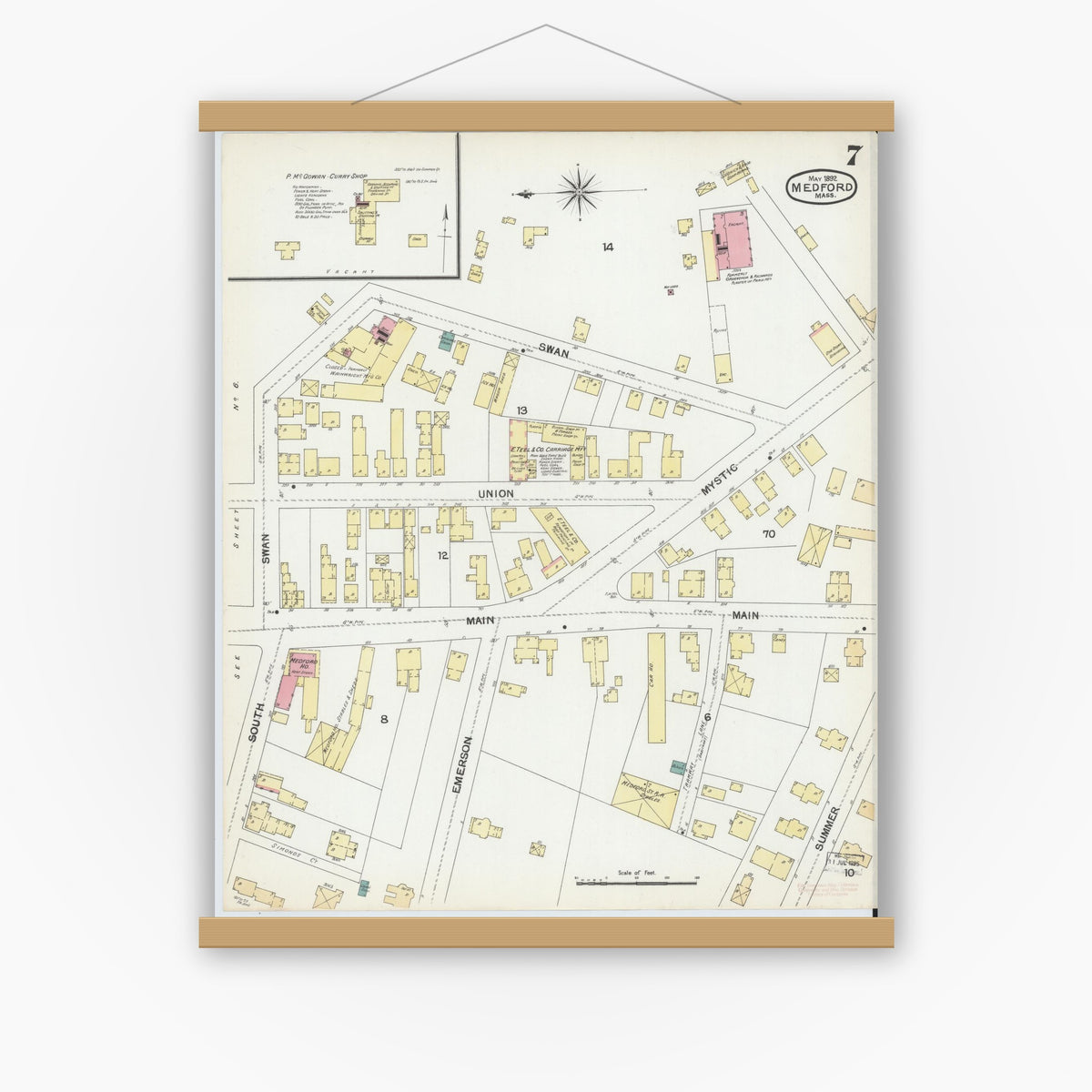 Old map wall art mockup — magnetic wood frame on white wall — Sanborn Fire Insurance Map from Medford, Middlesex County, Massachusetts (1892), Sheet #0007