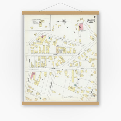 Old map wall art mockup — magnetic wood frame on white wall — Sanborn Fire Insurance Map from Medford, Middlesex County, Massachusetts (1892), Sheet #0007
