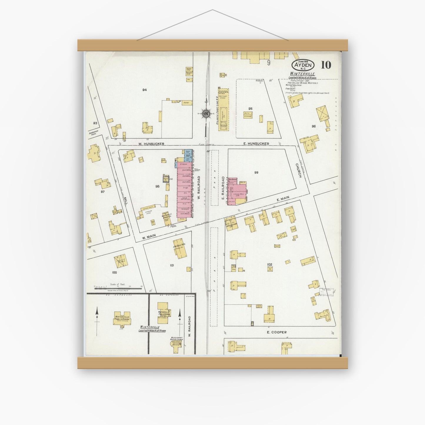 Old map wall art mockup — magnetic wood frame on white wall — Sanborn Fire Insurance Map from Ayden, Pitt County, North Carolina (1919), Sheet #0010