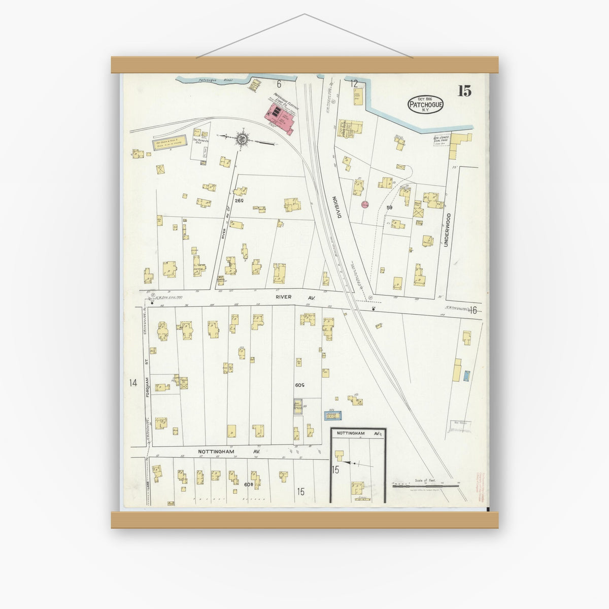 Old map wall art mockup — magnetic wood frame on white wall — Sanborn Fire Insurance Map from Patchogue, Suffolk County, New York (1916), Sheet #0015