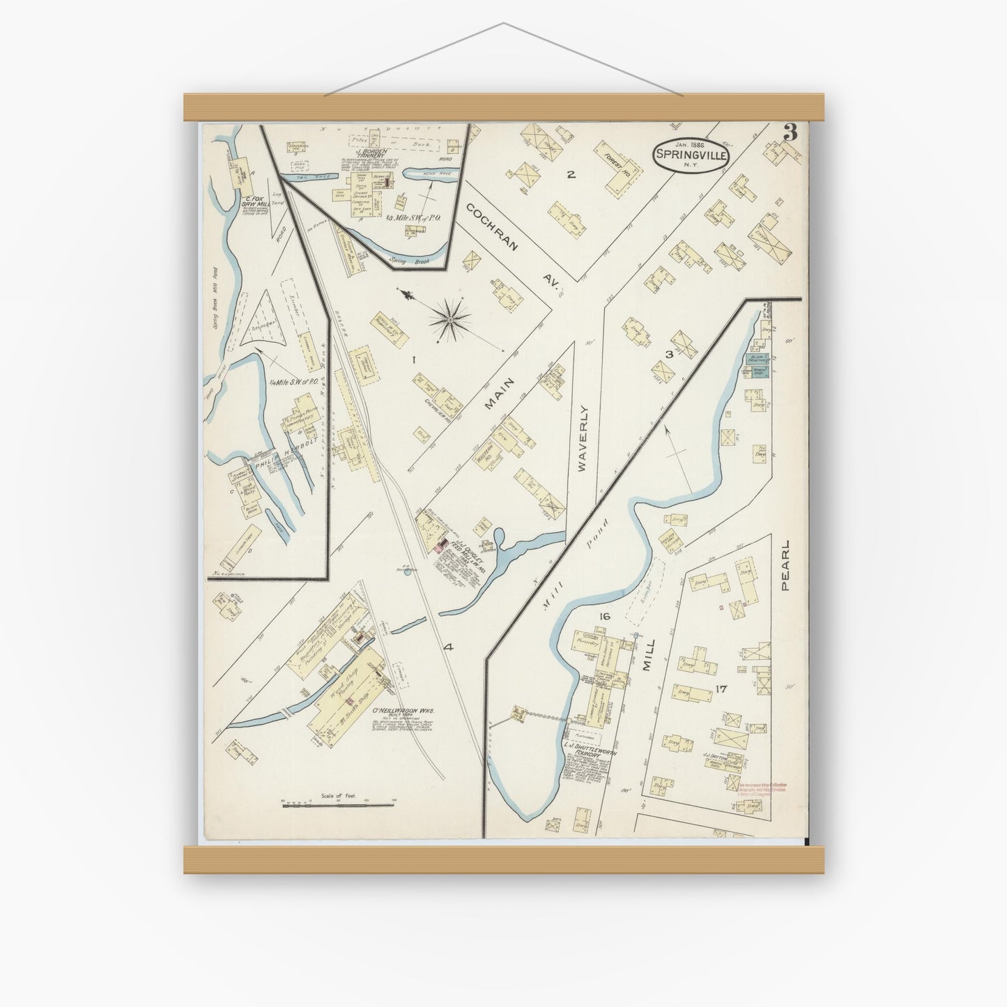 Old map wall art mockup — magnetic wood frame on white wall — Sanborn Fire Insurance Map from Springville, Erie County, New York (1886), Sheet #0003