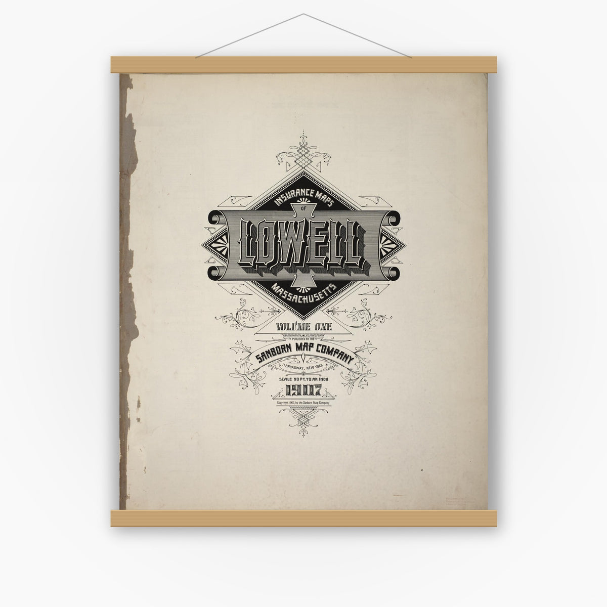 Old map wall art mockup — magnetic wood frame on white wall — Sanborn Fire Insurance Map from Lowell, Middlesex County, Massachusetts (1907), Sheet #0001