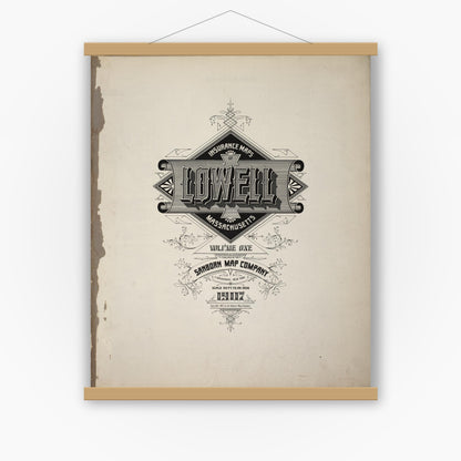 Old map wall art mockup — magnetic wood frame on white wall — Sanborn Fire Insurance Map from Lowell, Middlesex County, Massachusetts (1907), Sheet #0001