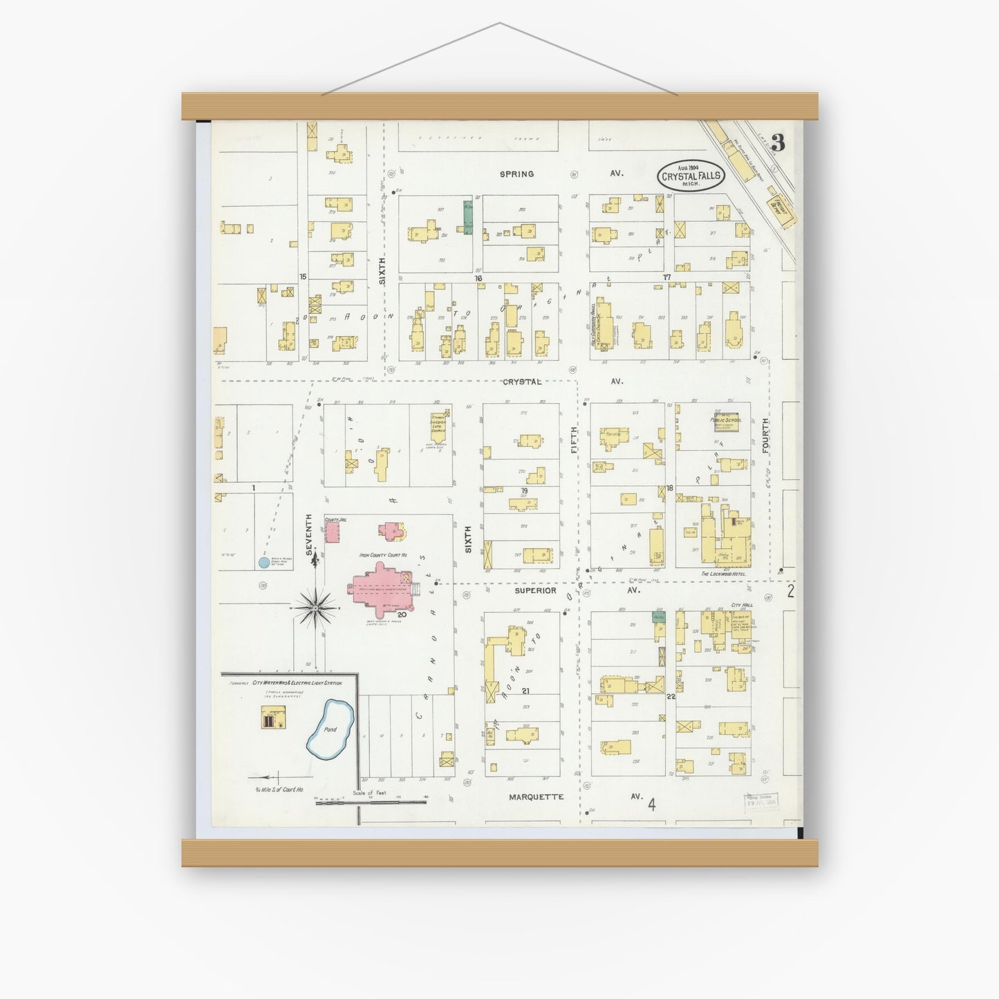 Old map wall art mockup — magnetic wood frame on white wall — Sanborn Fire Insurance Map from Crystal Falls, Iron County, Michigan (1904), Sheet #0003