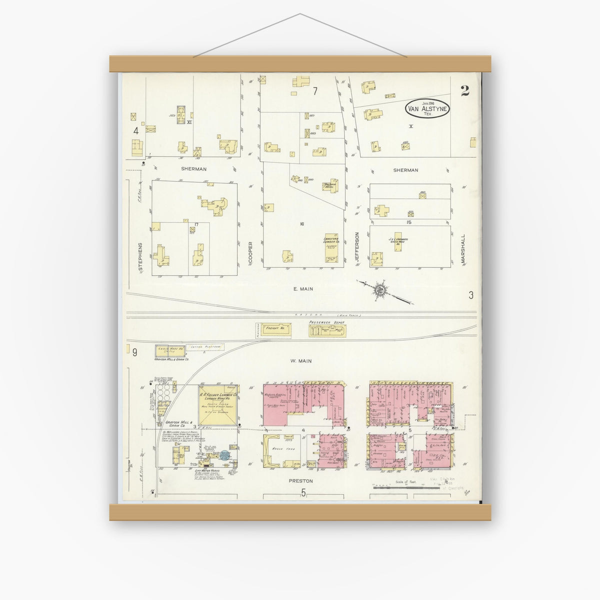 Old map wall art mockup — magnetic wood frame on white wall — Sanborn Fire Insurance Map from Van Alstyne, Grayson County, Texas (1914), Sheet #0002