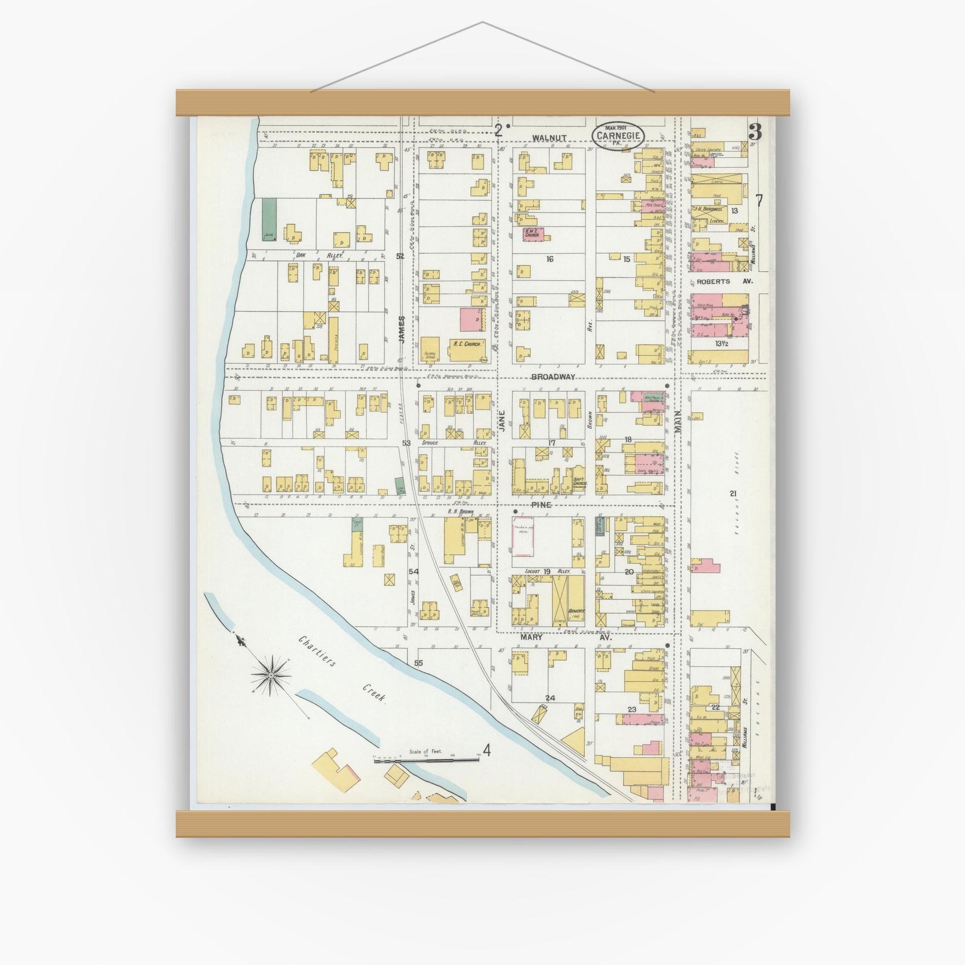 Old map wall art mockup — magnetic wood frame on white wall — Sanborn Fire Insurance Map from Carnegie, Allegheny County, Pennsylvania (1901), Sheet #0003