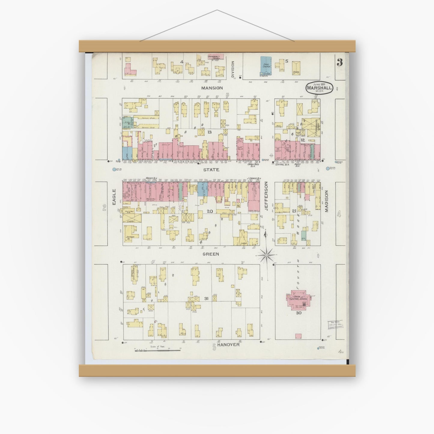 Old map wall art mockup — magnetic wood frame on white wall — Sanborn Fire Insurance Map from Marshall, Calhoun County, Michigan (1893), Sheet #0003