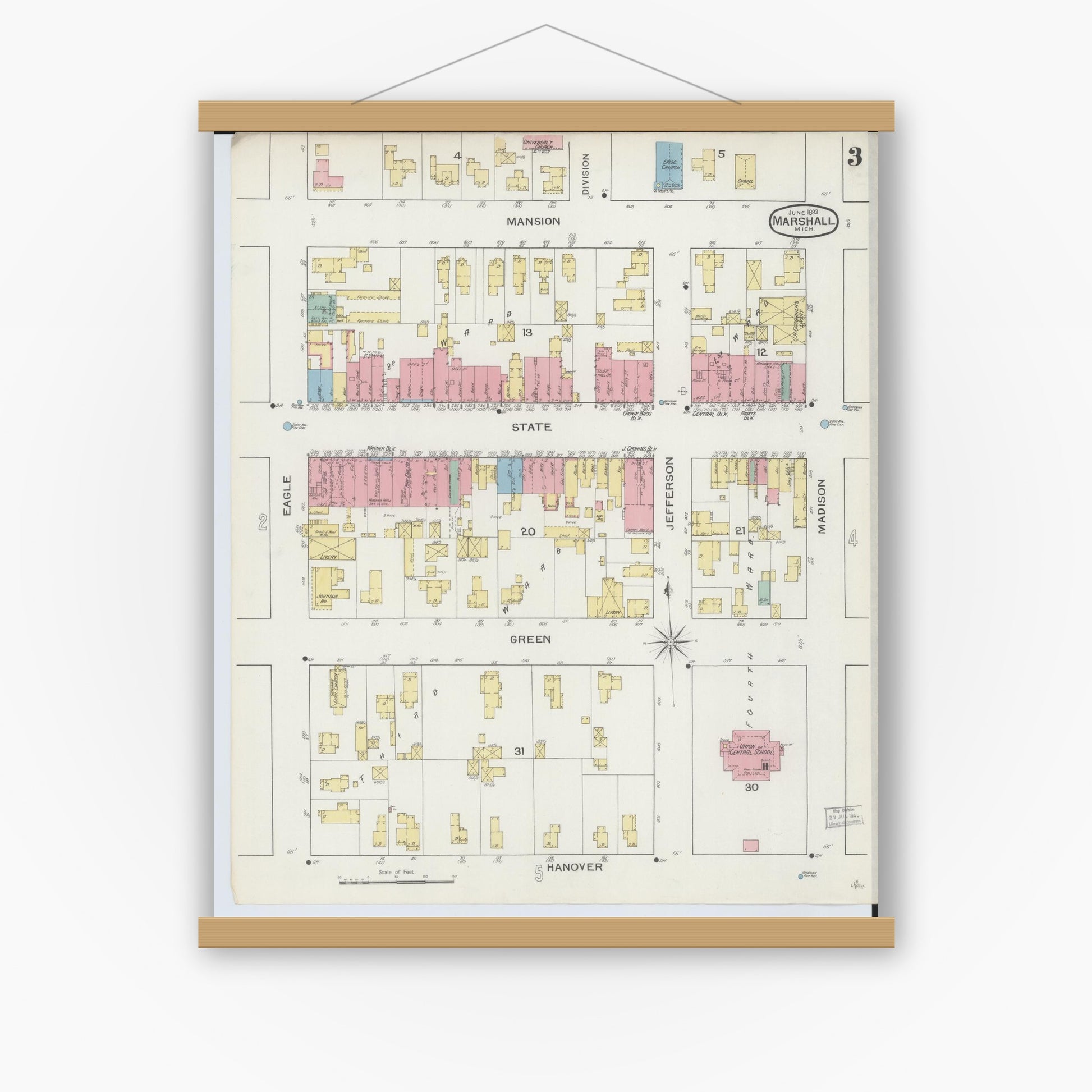 Old map wall art mockup — magnetic wood frame on white wall — Sanborn Fire Insurance Map from Marshall, Calhoun County, Michigan (1893), Sheet #0003