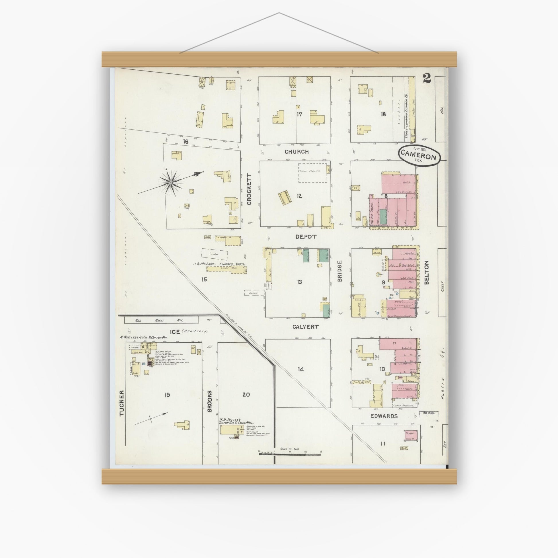 Old map wall art mockup — magnetic wood frame on white wall — Sanborn Fire Insurance Map from Cameron, Milam County, Texas (1891), Sheet #0002