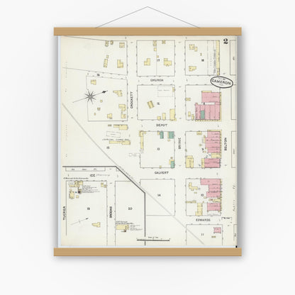 Old map wall art mockup — magnetic wood frame on white wall — Sanborn Fire Insurance Map from Cameron, Milam County, Texas (1891), Sheet #0002